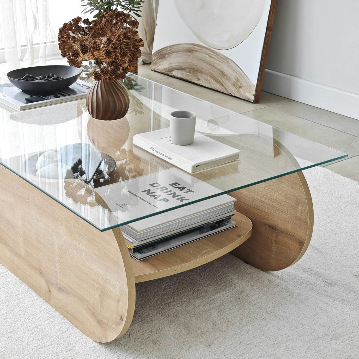 Table basse base luge - plateau verre SALTA chêne, PIER IMPORT
