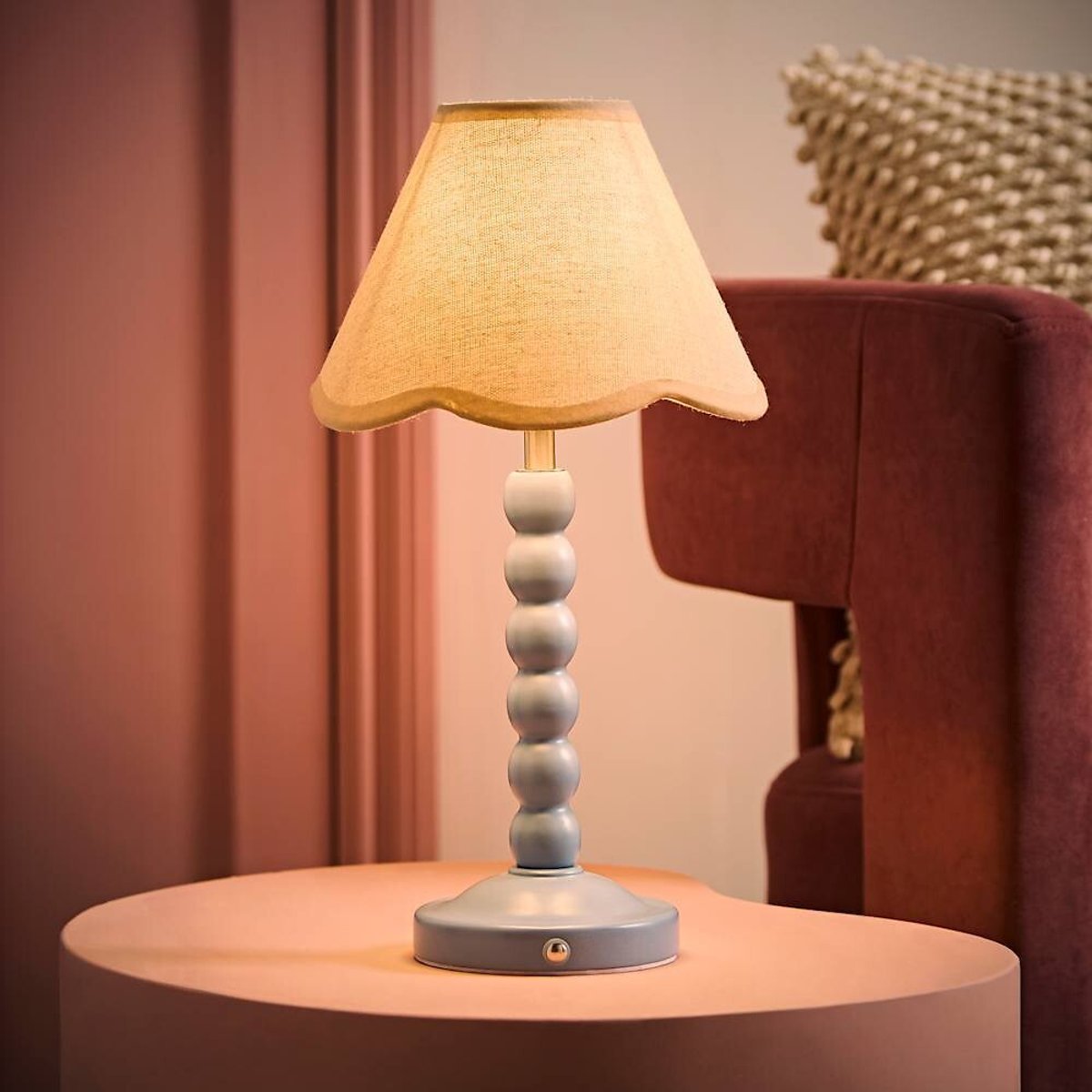 Bobbie Painted Bobbin Rechargeable Table Lamp with Natural Scallop Shade blue, SO'HOME