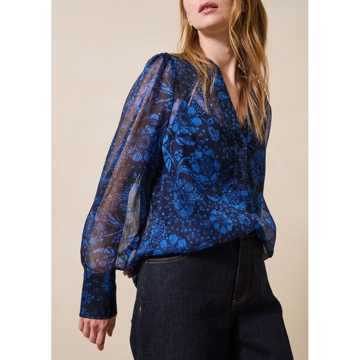 Top en voile imprimé floral manches longues bleu, LA FEE MARABOUTEE