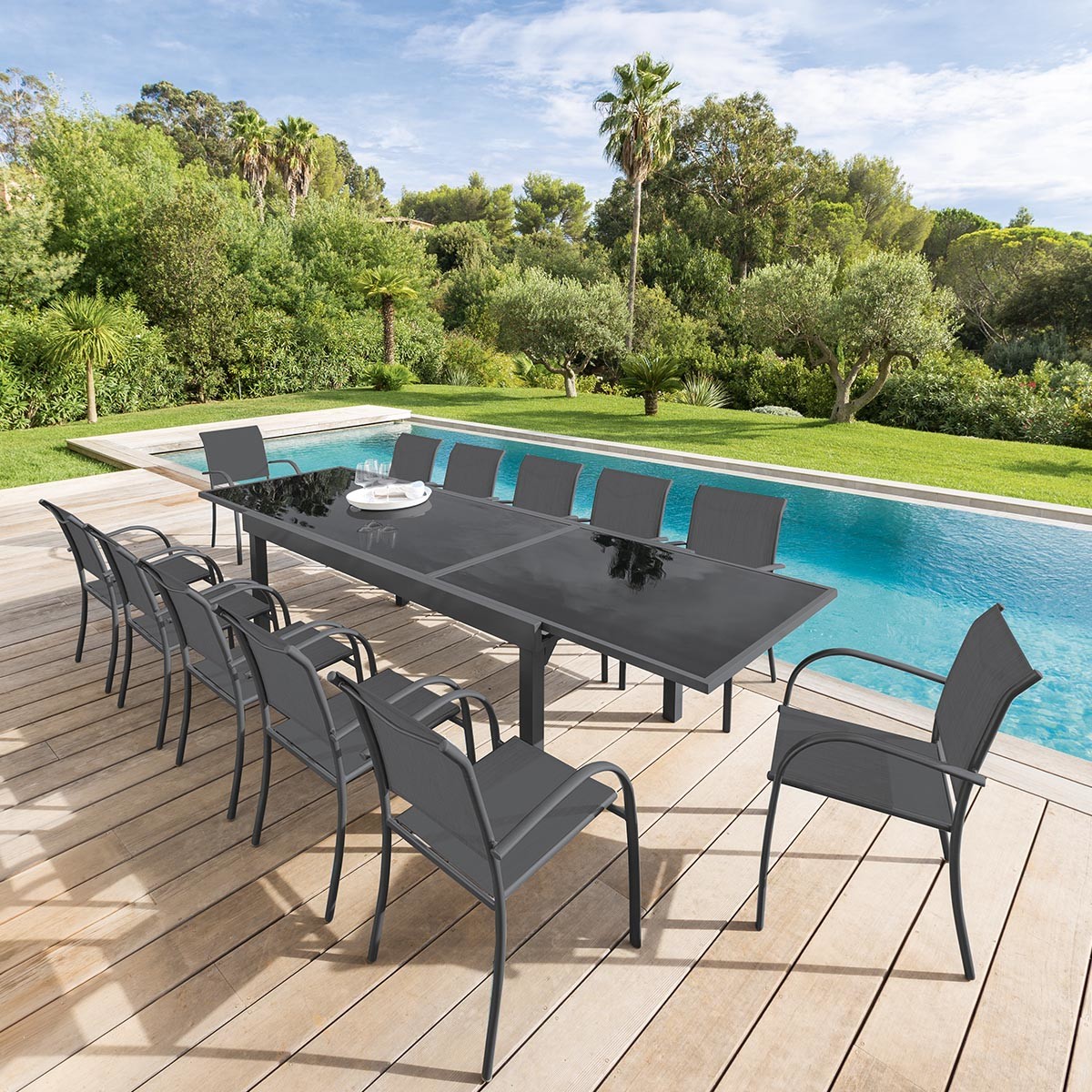 Table de jardin extensible 10 places PIAZZA gris graphite, HESPERIDE