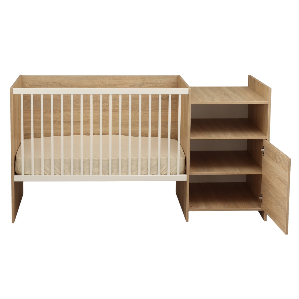 Lit combiné évolutif en décor bois avec commode à langer 1 porte marron, BABY PRICE