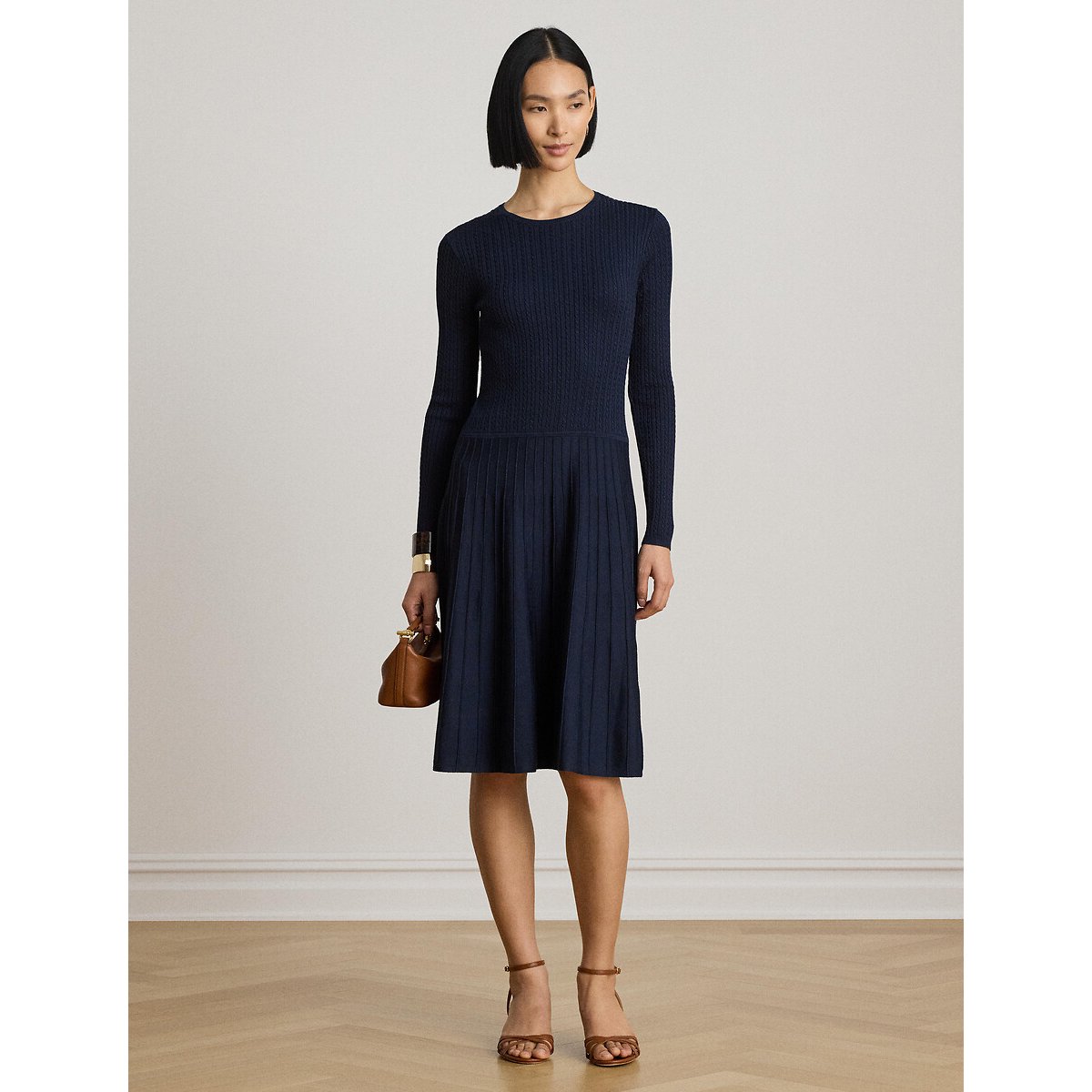 Ausgestelltes Kleid mit langen Ärmeln und Rundhalsausschni marine, LAUREN RALPH LAUREN