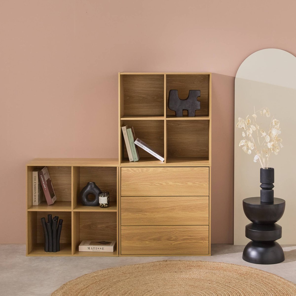 Etagère, bibliothèque modulable décor bois 3 éléments - 3 tiroirs 8 niches KOMPO chêne, SWEEEK