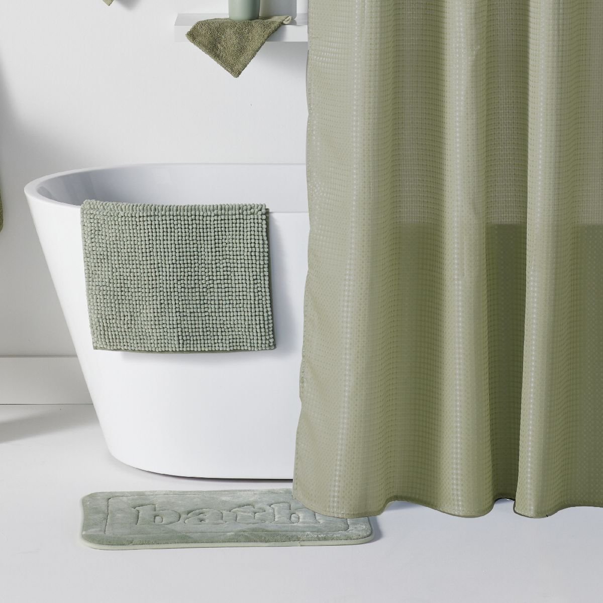 Set de douche 3 accessoires rideau tapis panier BATHROOM vert, UTILITY