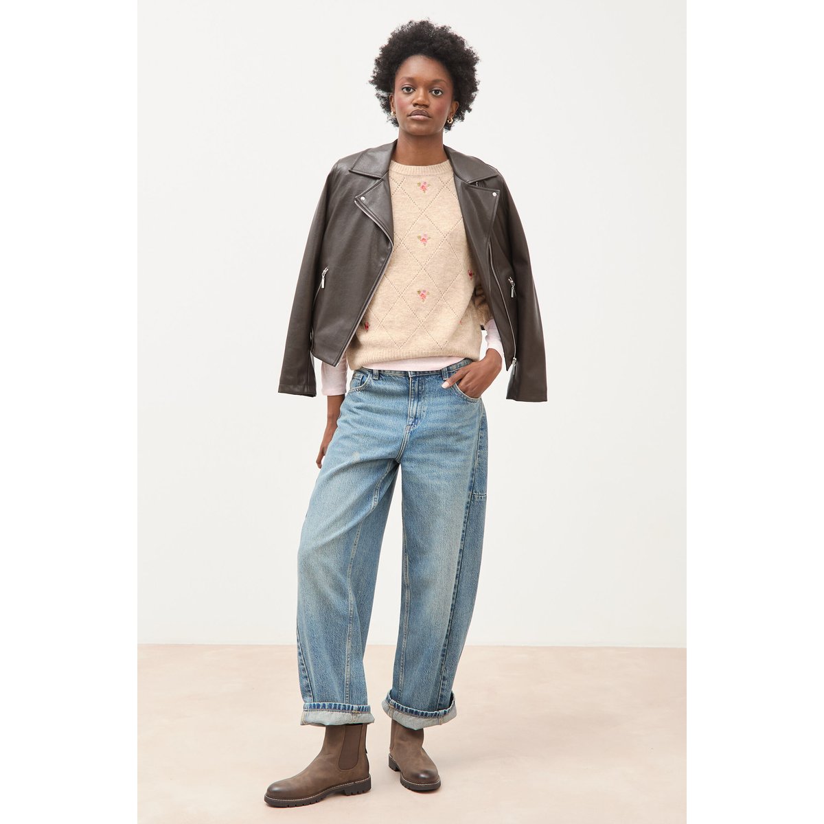 Pull droit col rond manches longues creme, BONOBO