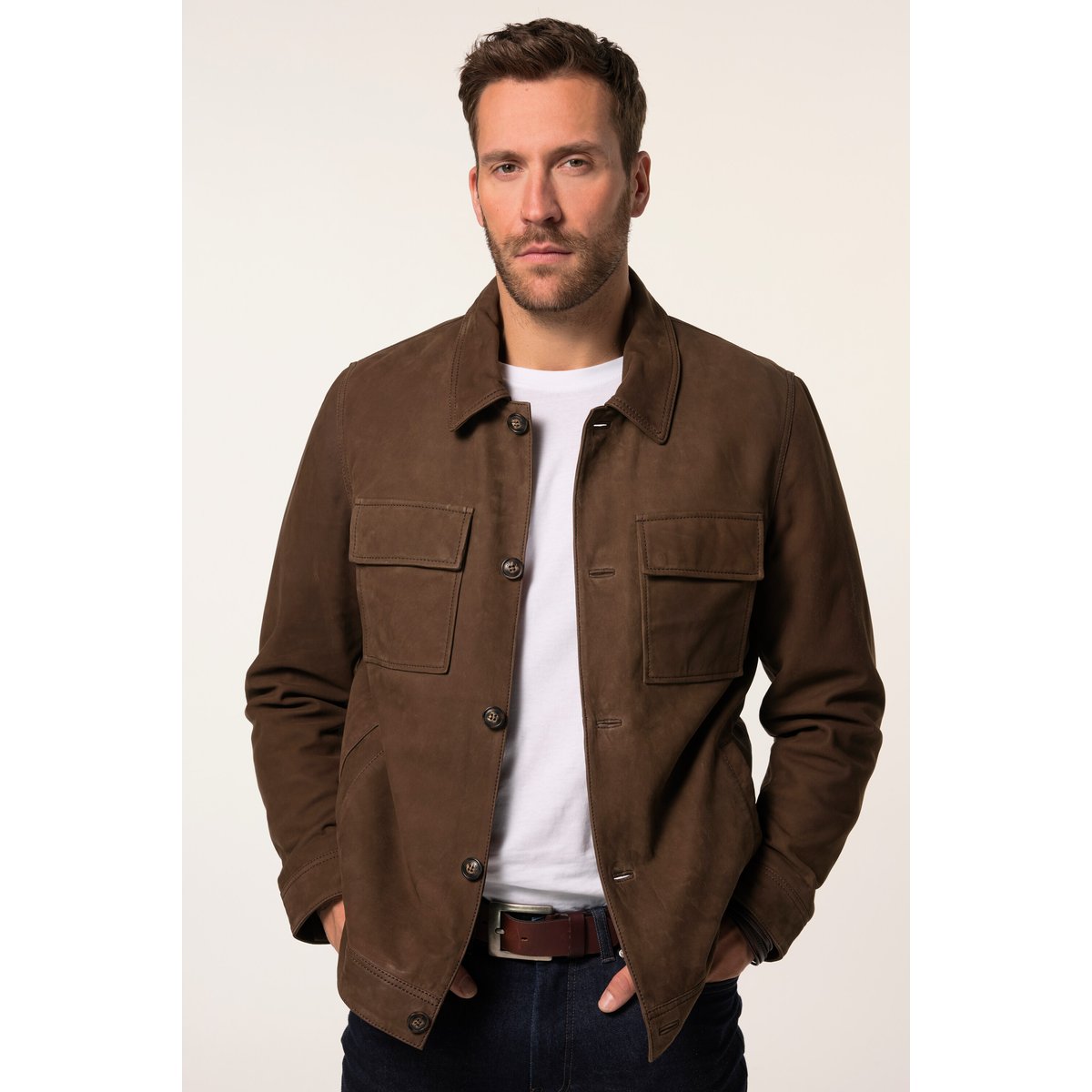 Veste en cuir nubuck d'agneau, col chemise marron tabac, JP1880