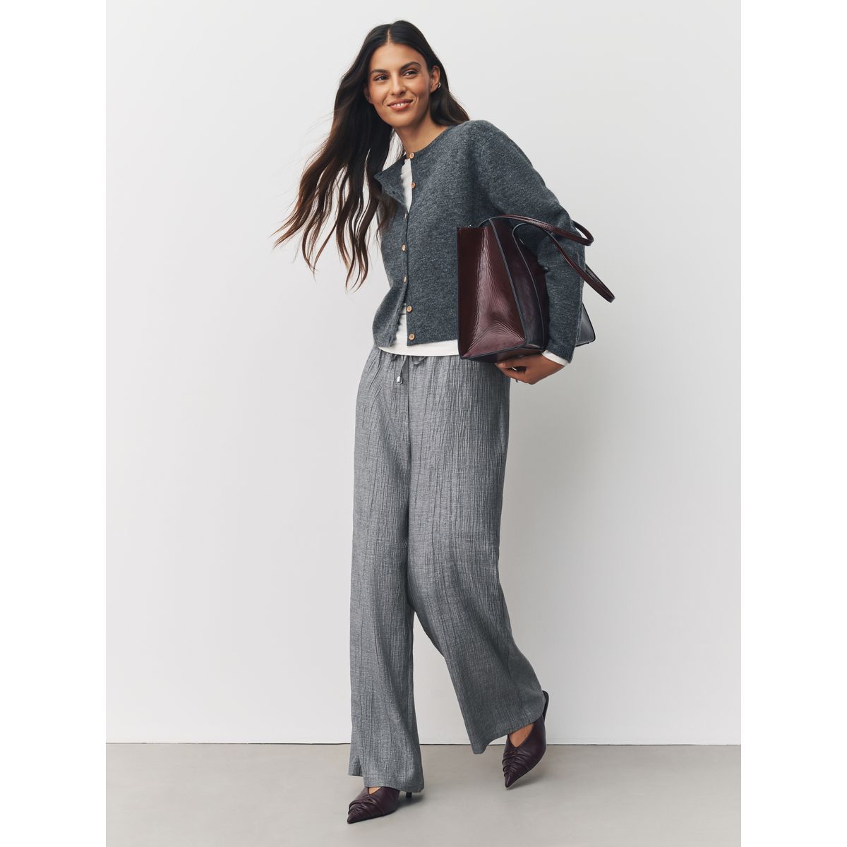 Pantalon large à nouer en laine mélangée gris, NEXT
