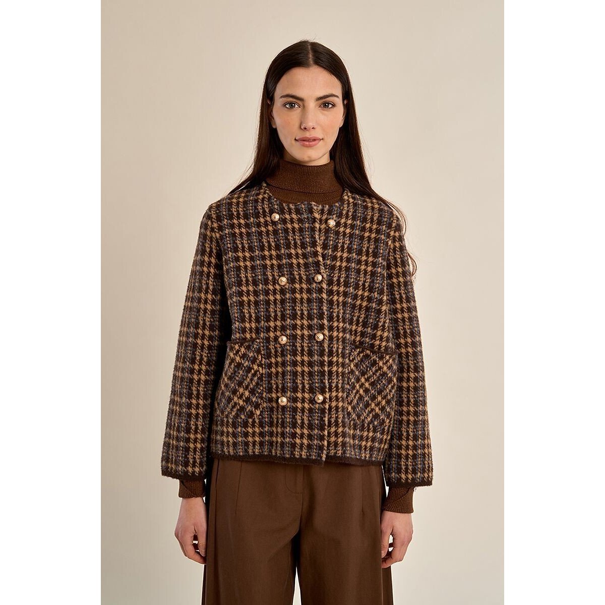 Chaqueta de punto a cuadros chocolate, MOLLY BRACKEN