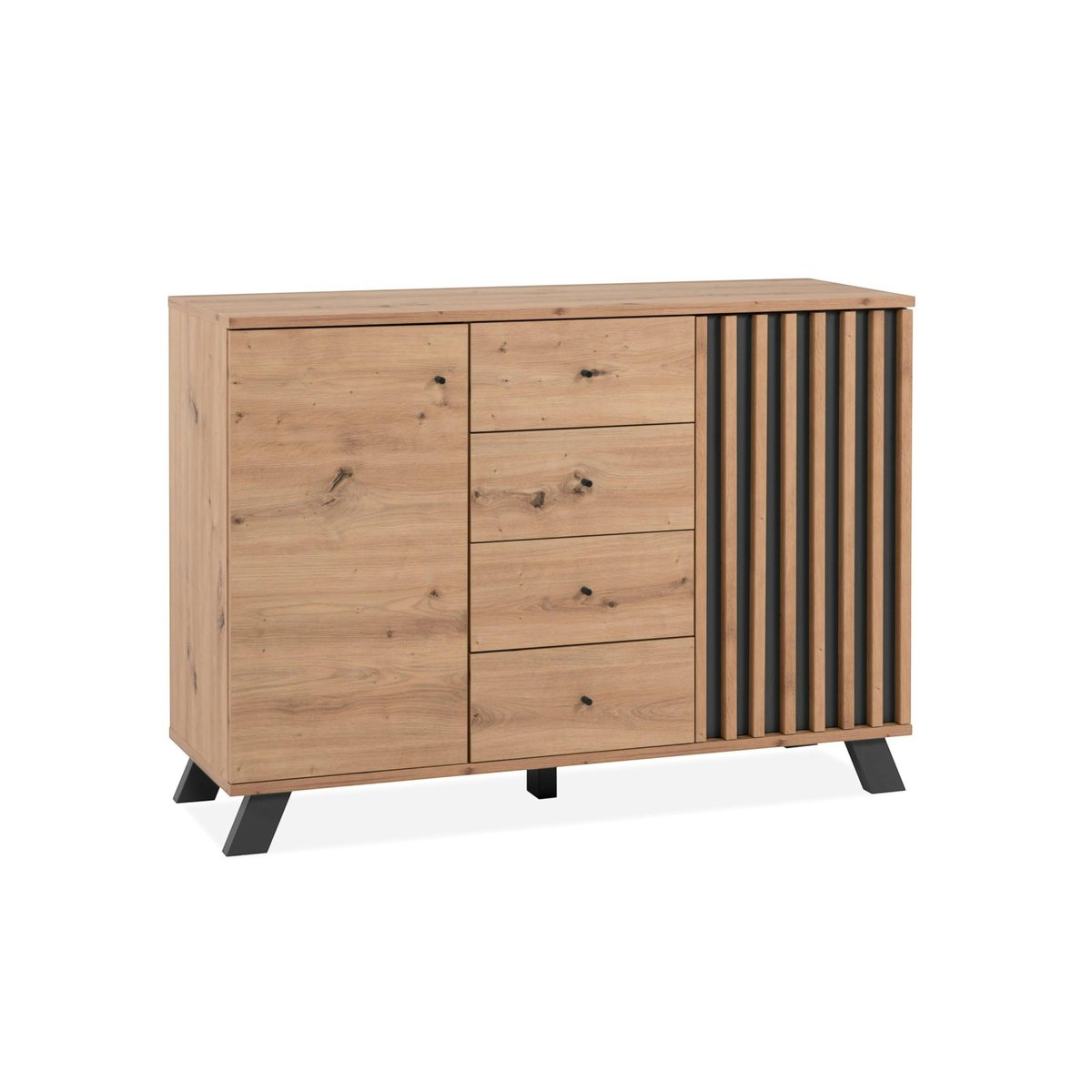 Buffet moderne 1 porte noire rainurée 4 tiroirs ALVA bois naturel, PIER IMPORT