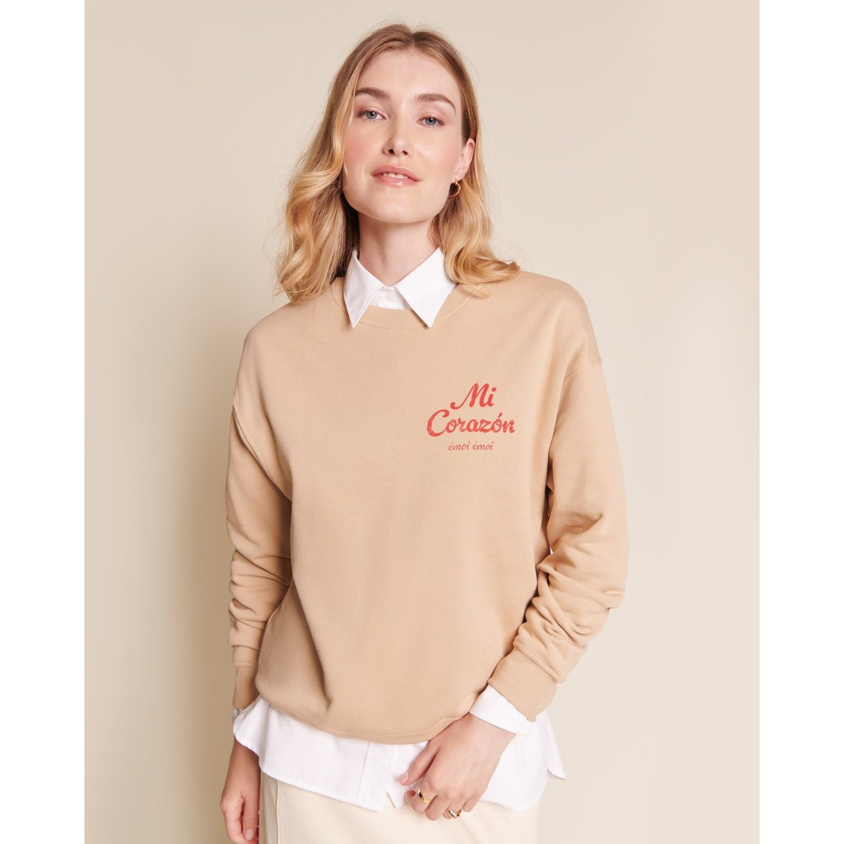 Sweat imprimé en coton bio, MI CORAZON beige - sable, EMOI EMOI
