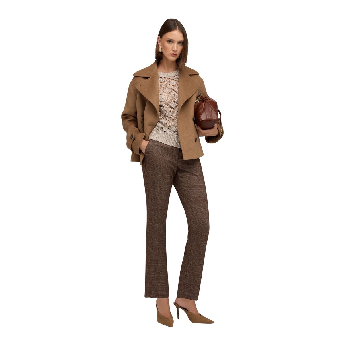 Pantalon cigarette à motif prince de Galles marron, MOTIVI