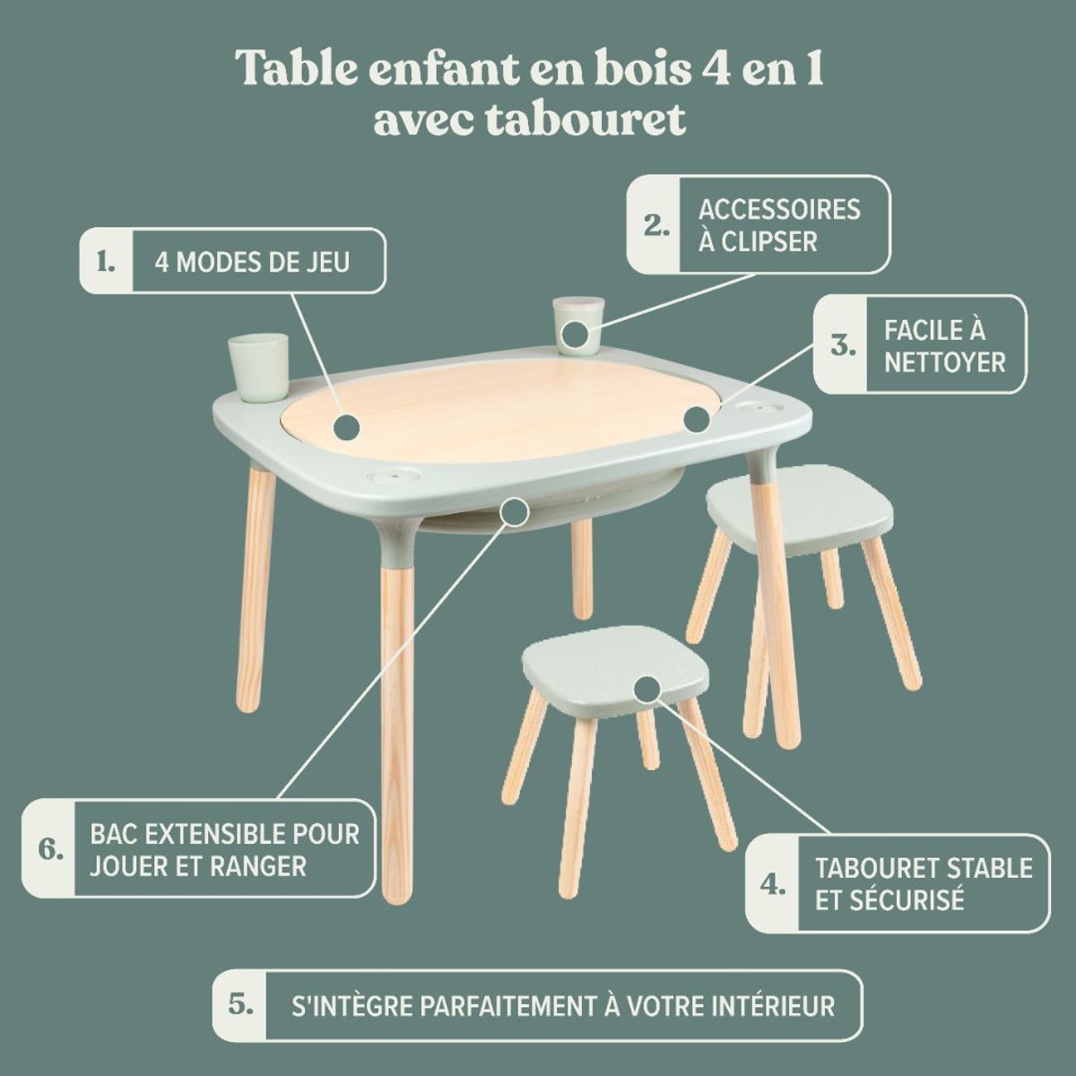 Table de jeux 4 en 1 avec 2 tabourets vert sauge, ACTIVE TOTS