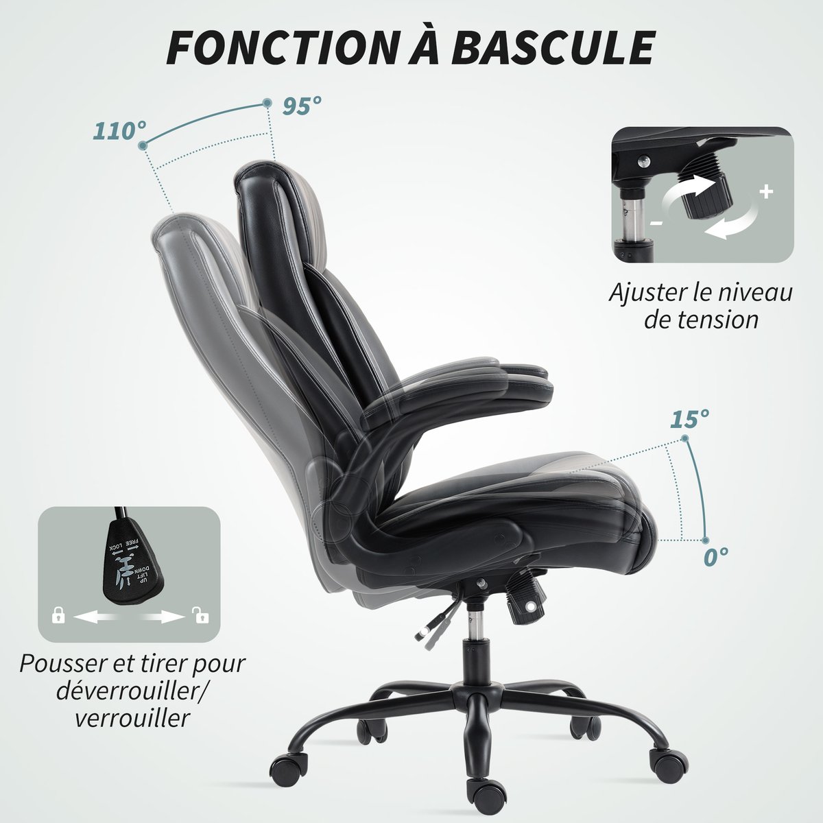 Chaise de bureau Polyuréthane noir, HOMCOM