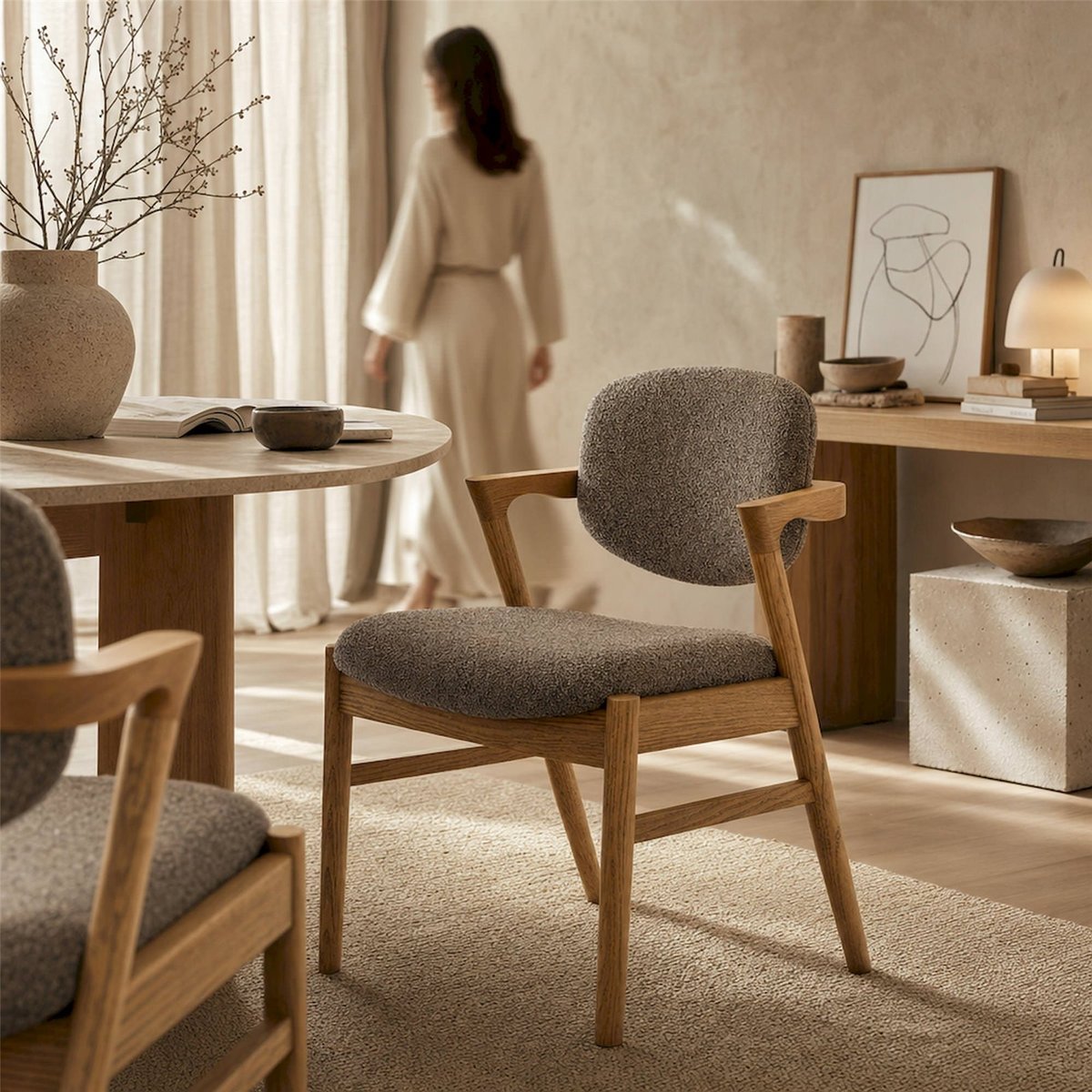 Chaise en frêne collection S.NAMUR bois brun et taupe, RECOLLECTION