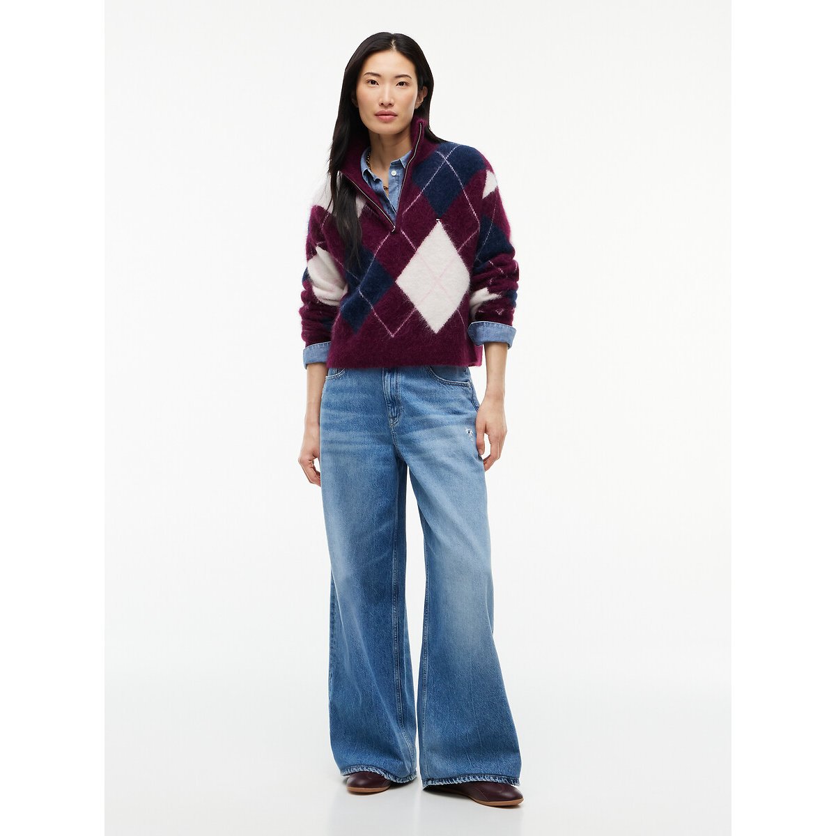 Pull jacquard col montant zippé bordeaux, TOMMY JEANS