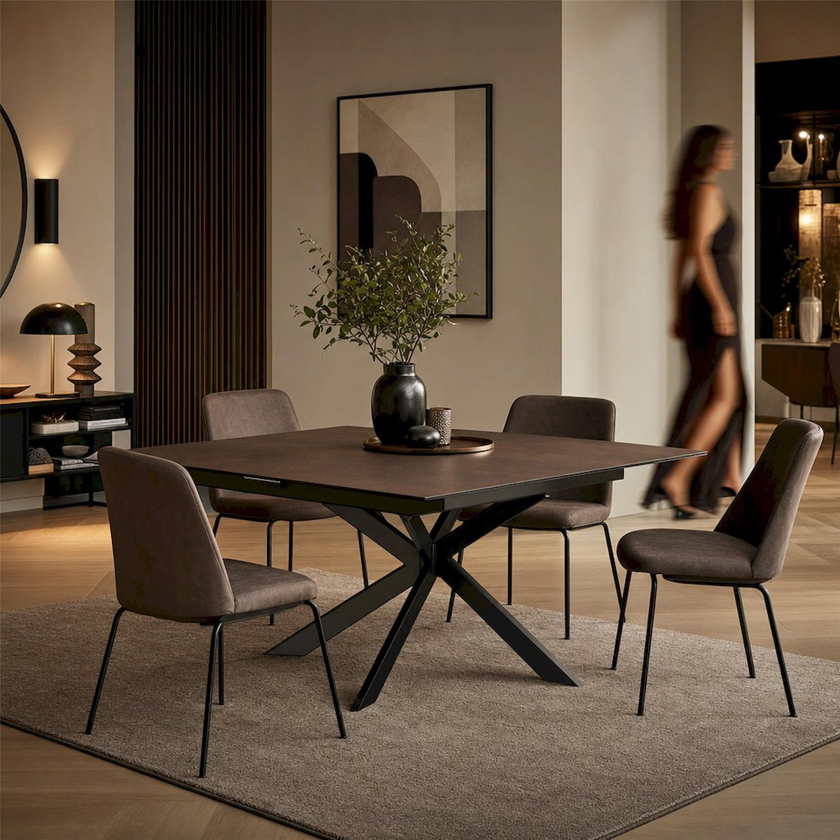 Table à manger extensible céramique SHIMESS brun effet rouille et noir, RECOLLECTION