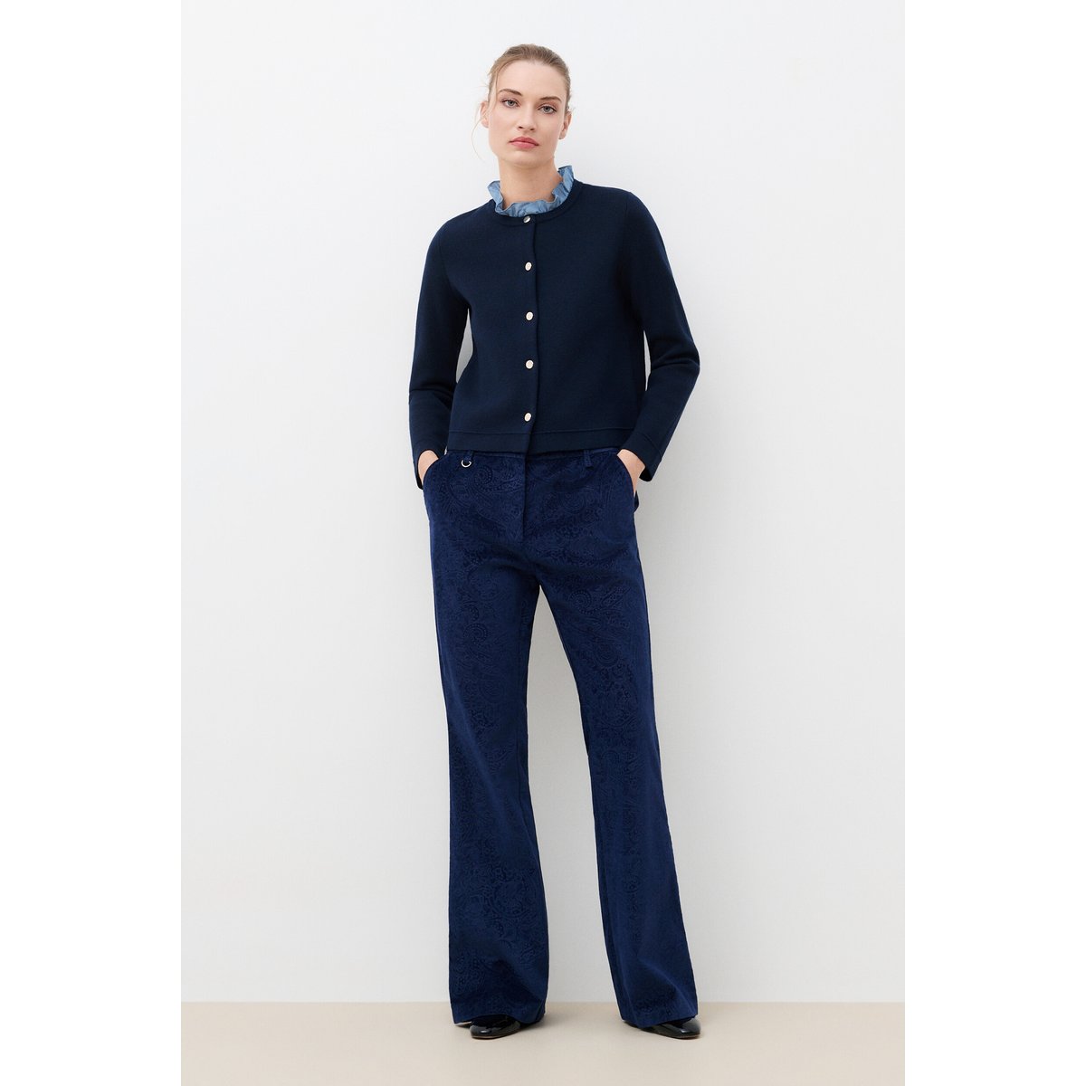 Pull droit col froncé MDELWYN bleu marine, CAROLL