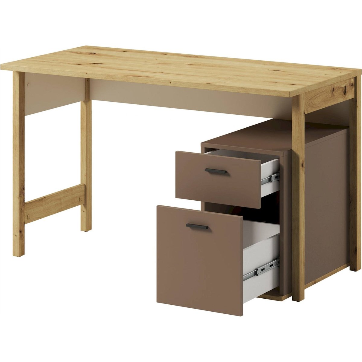 Bureau ado avec caisson intégré LENNY chêne artisan, beige et truffe, RECOLLECTION