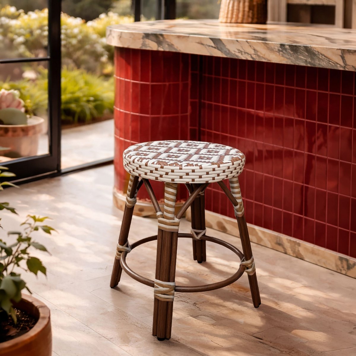 Tabouret bas effet rotin naturel, SCALA noisette, NOW'S HOME