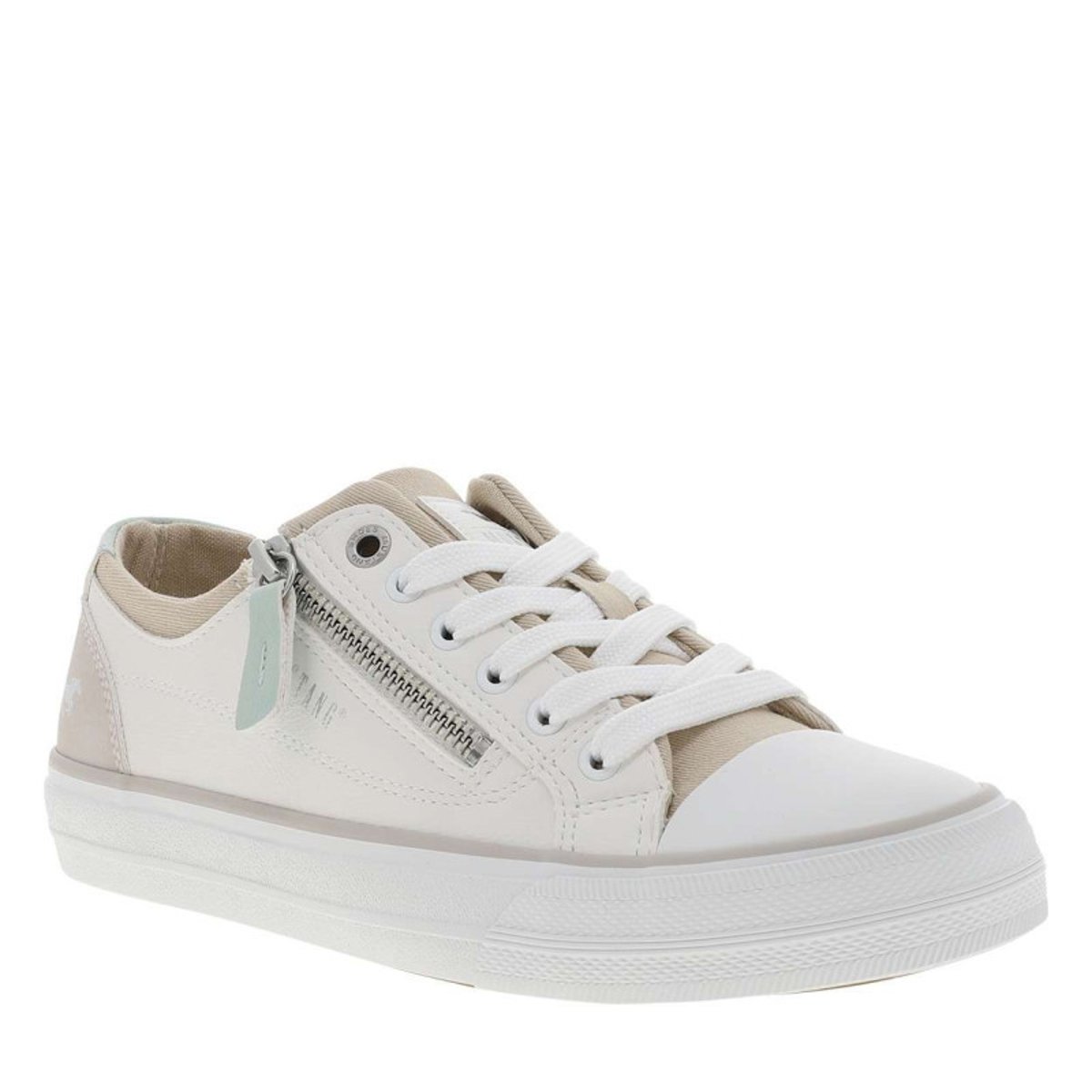 Tennis écrues à talon plat avec des lacets et un zip latéral blanc, MUSTANG