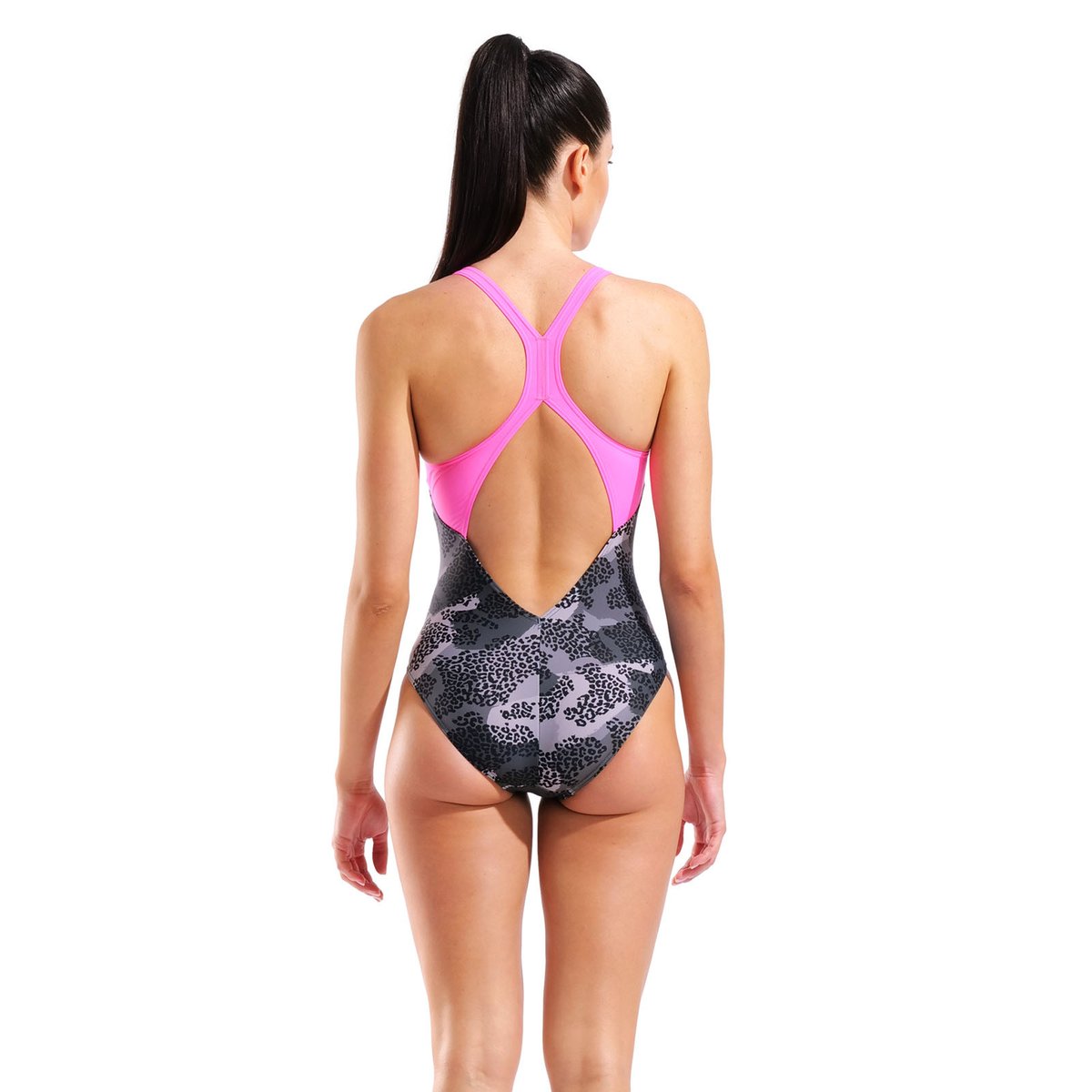 Maillot de bain pour femme arena Feel Camo V Back black multi-shocking pink, ARENA