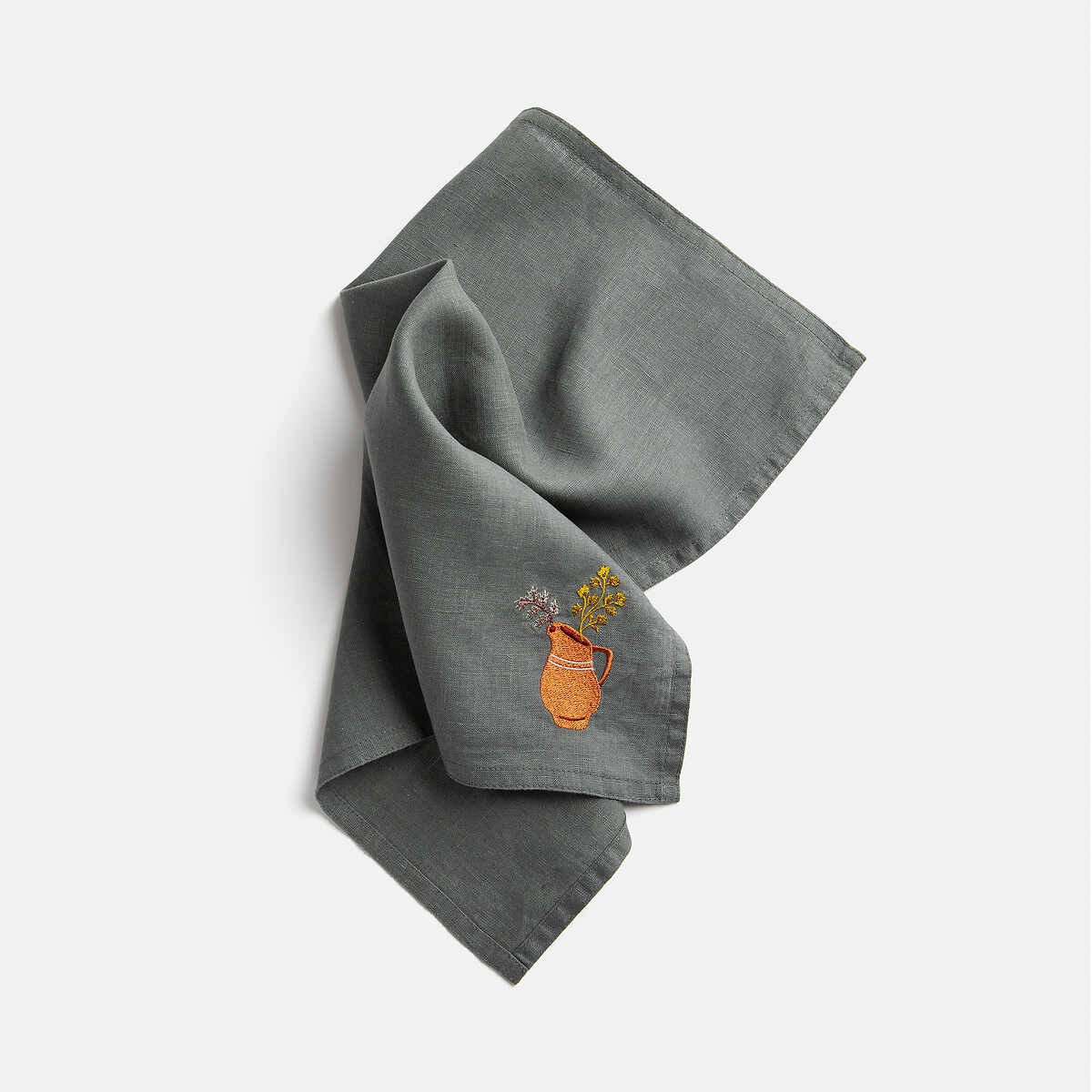 Set of 2 Lison Napkins in Embroidered Washed Linen grey-green, LA REDOUTE INTERIEURS