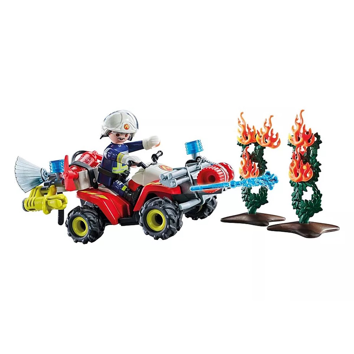 Pompier avec quad et deux arbustes enflammés pompier avec quad et deux arbustes enflammés, PLAYMOBIL