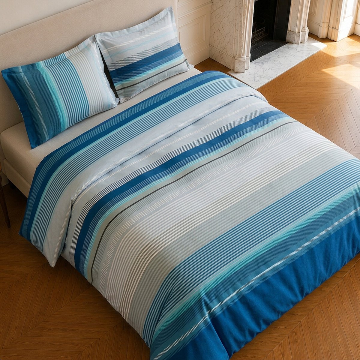 Parure de lit en microfibre rayures, BINGO bleu, C DESIGN HOME TEXTILE