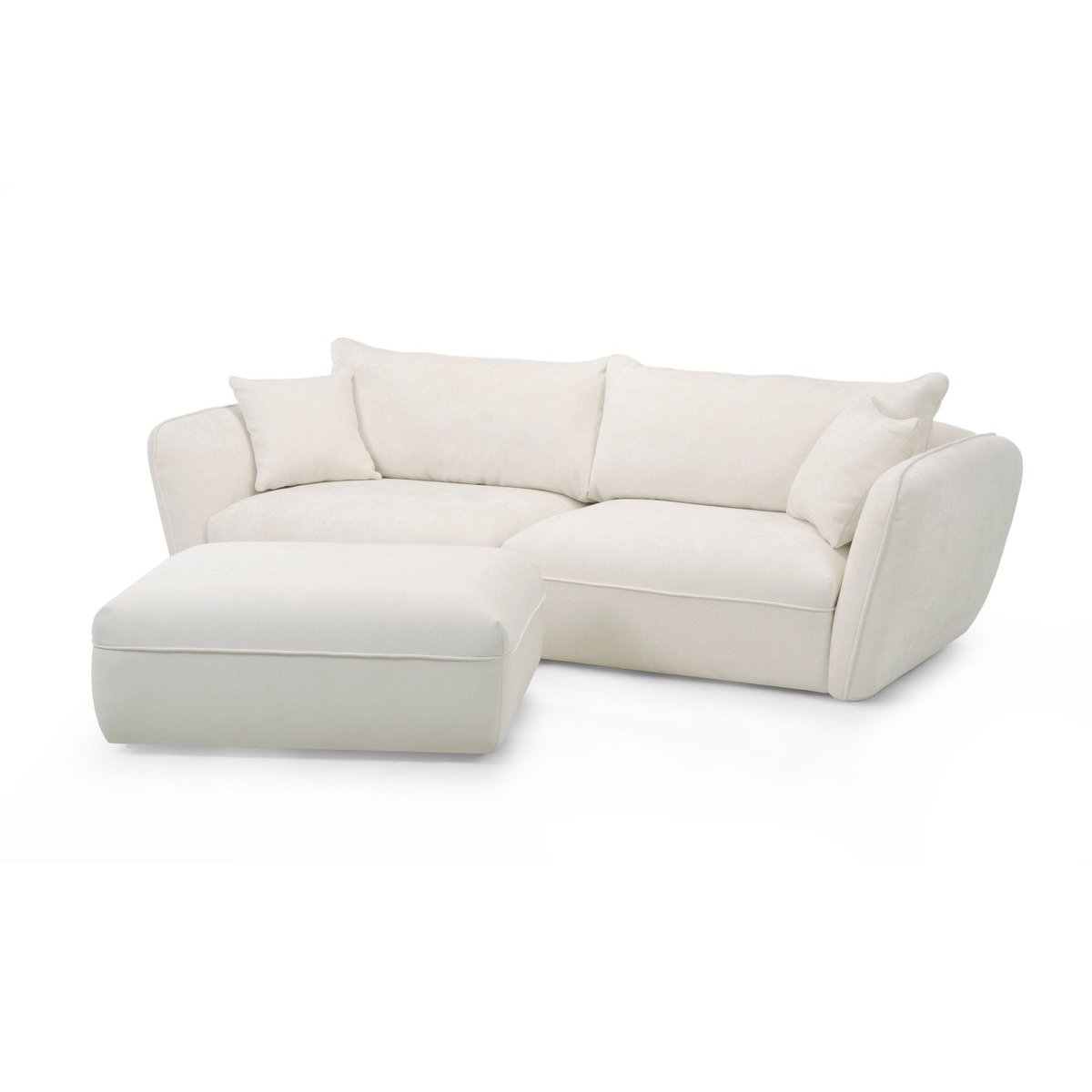 Canapé droit fixe 3 places en tissu texturé avec pouf, LUIGI blanc, BOBOCHIC