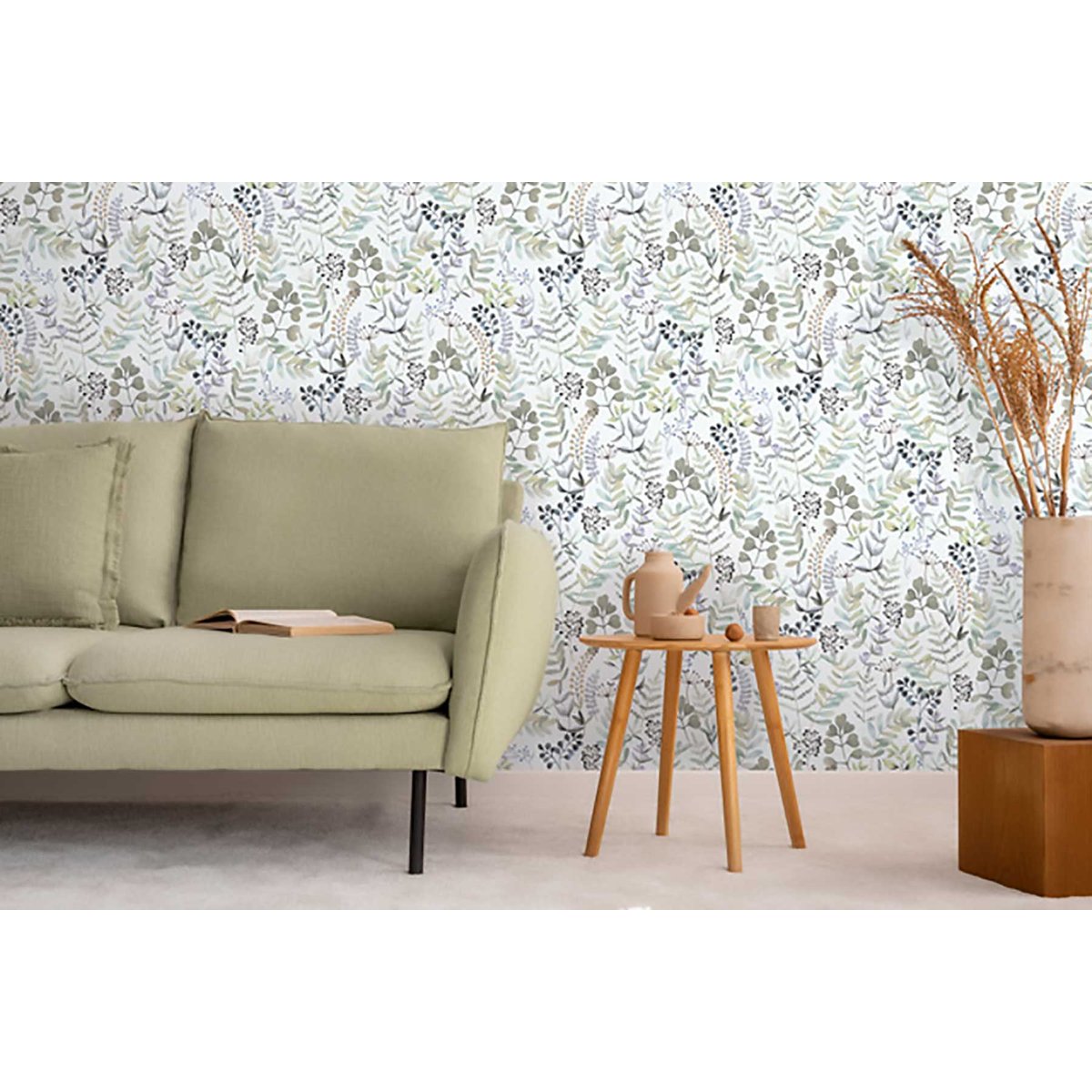 Papier peint herbier aquarelle tons bleutés fond blanc vert, HEXOA