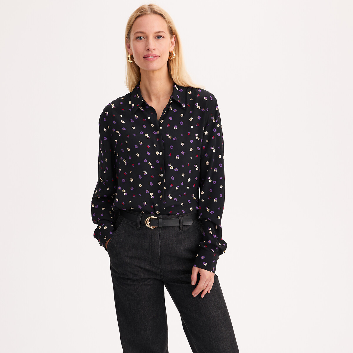 Hemd mit Blumenprint, langarm, aus Viskose schwarz geblümt, ANNE WEYBURN