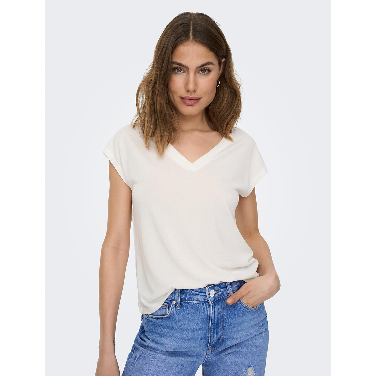 T-shirt manches courtes, col V blanc, ONLY