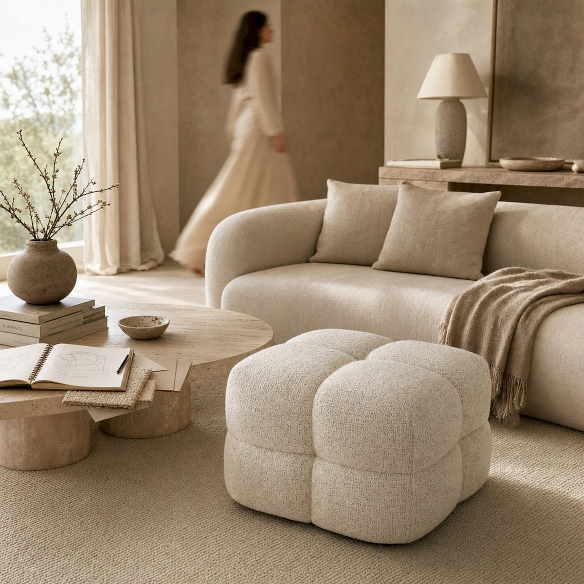 Pouf repose-pieds contemporain beige, RECOLLECTION