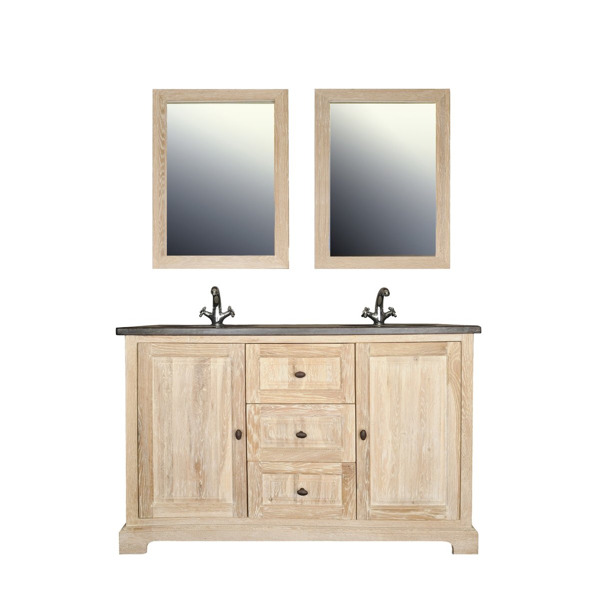 Meuble double vasque en chêne blanchie L140 et 2 miroirs (ensemble) - VIENNE II bois clair, HELLIN, DEPUIS 1862