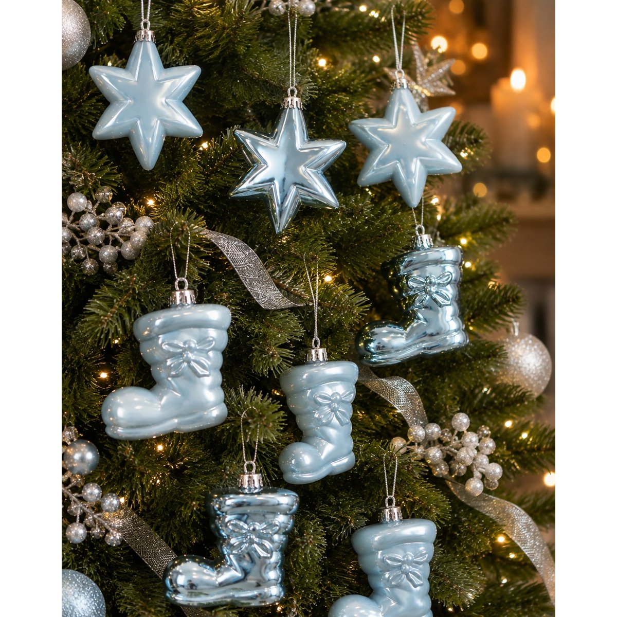 Lot de 6 décorations de Noël en forme de botte bleu ciel bleu, EDEN