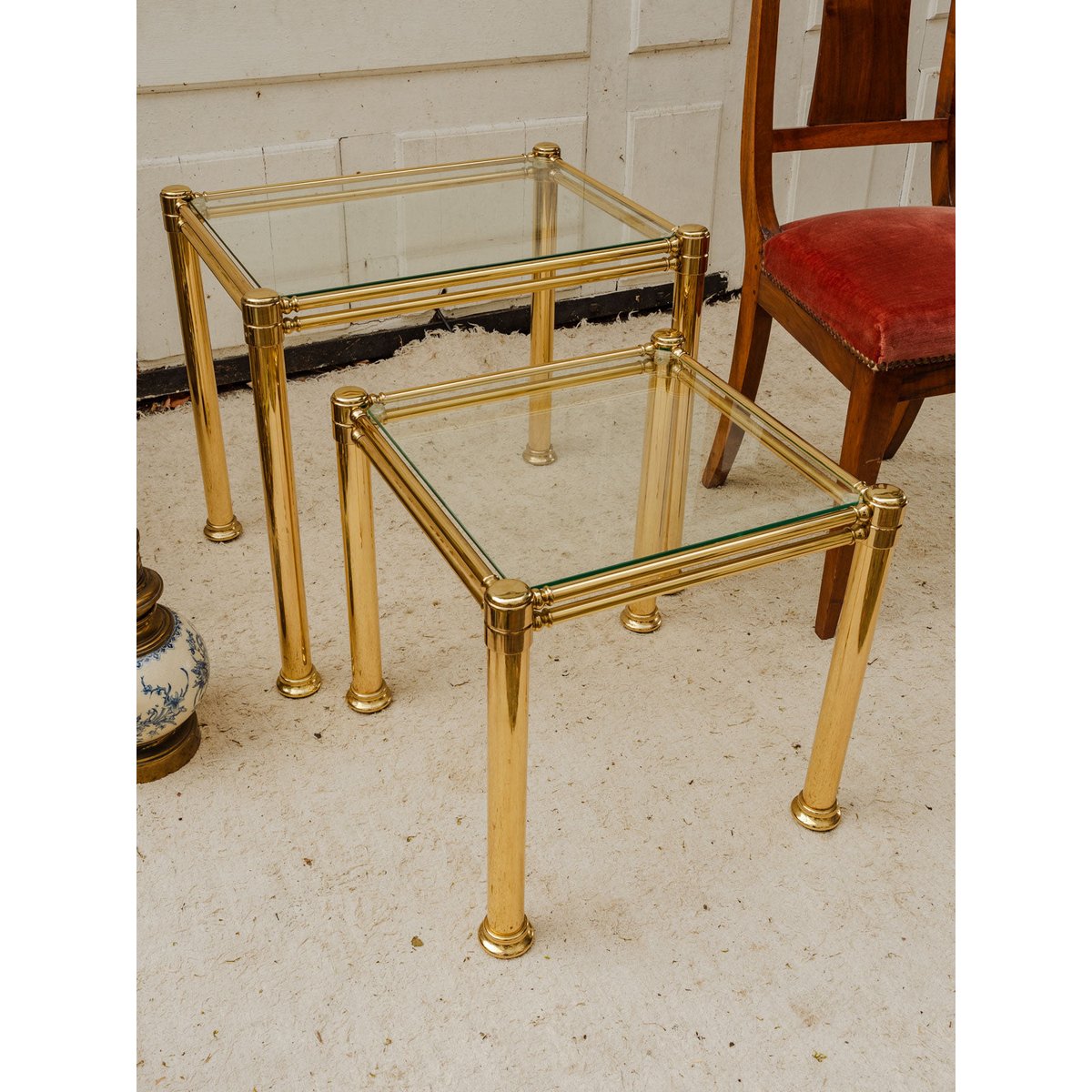 Tables gigognes en laiton et verre Barbara N°221 - Bon état doré, DEBONGOUT