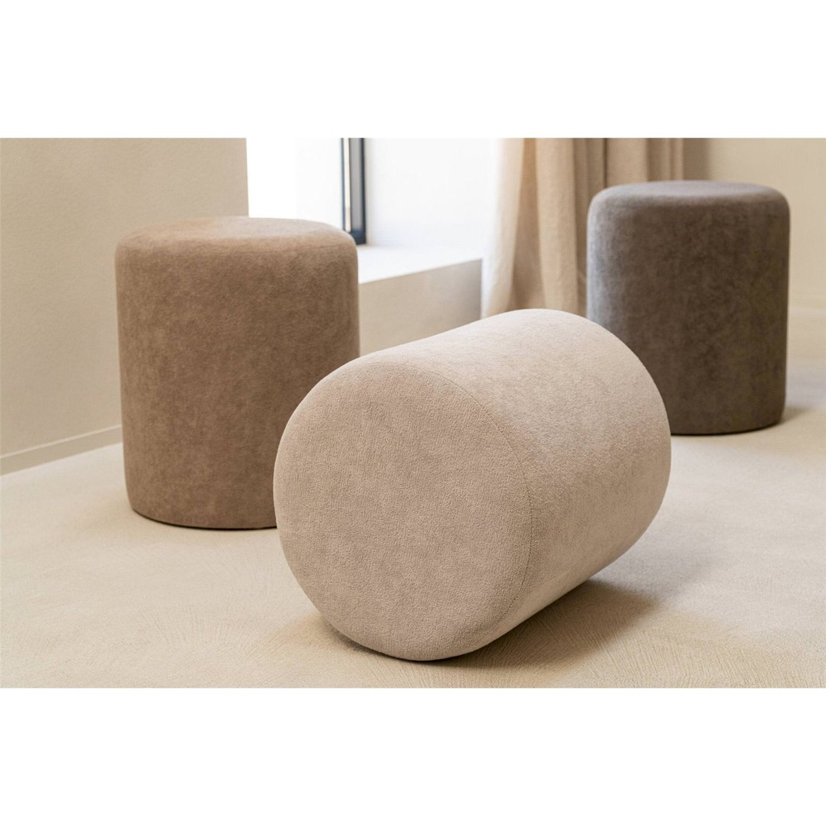 Pouf rond en tissu grège, RECOLLECTION