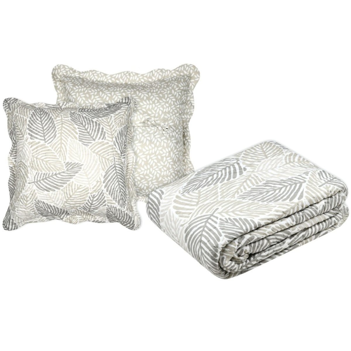 Couvre lit boutis réversible avec 2 taies d'oreiller beige, DECORATIE