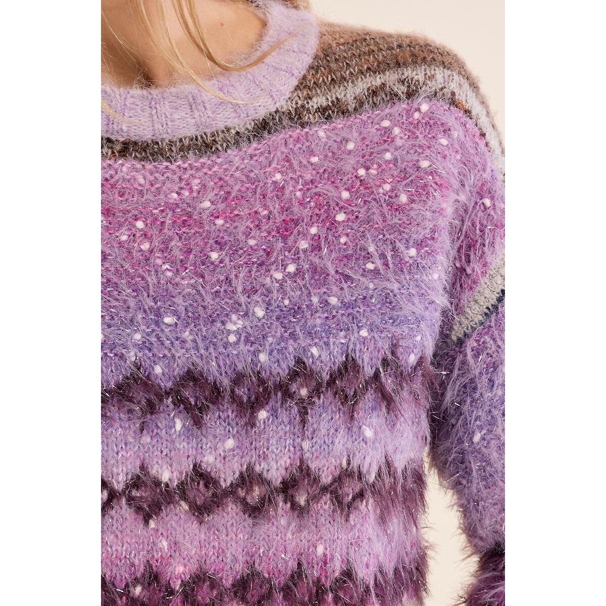 Pull girocollo con stampa tie-dye e dettagli in paillettes malva, MOLLY BRACKEN