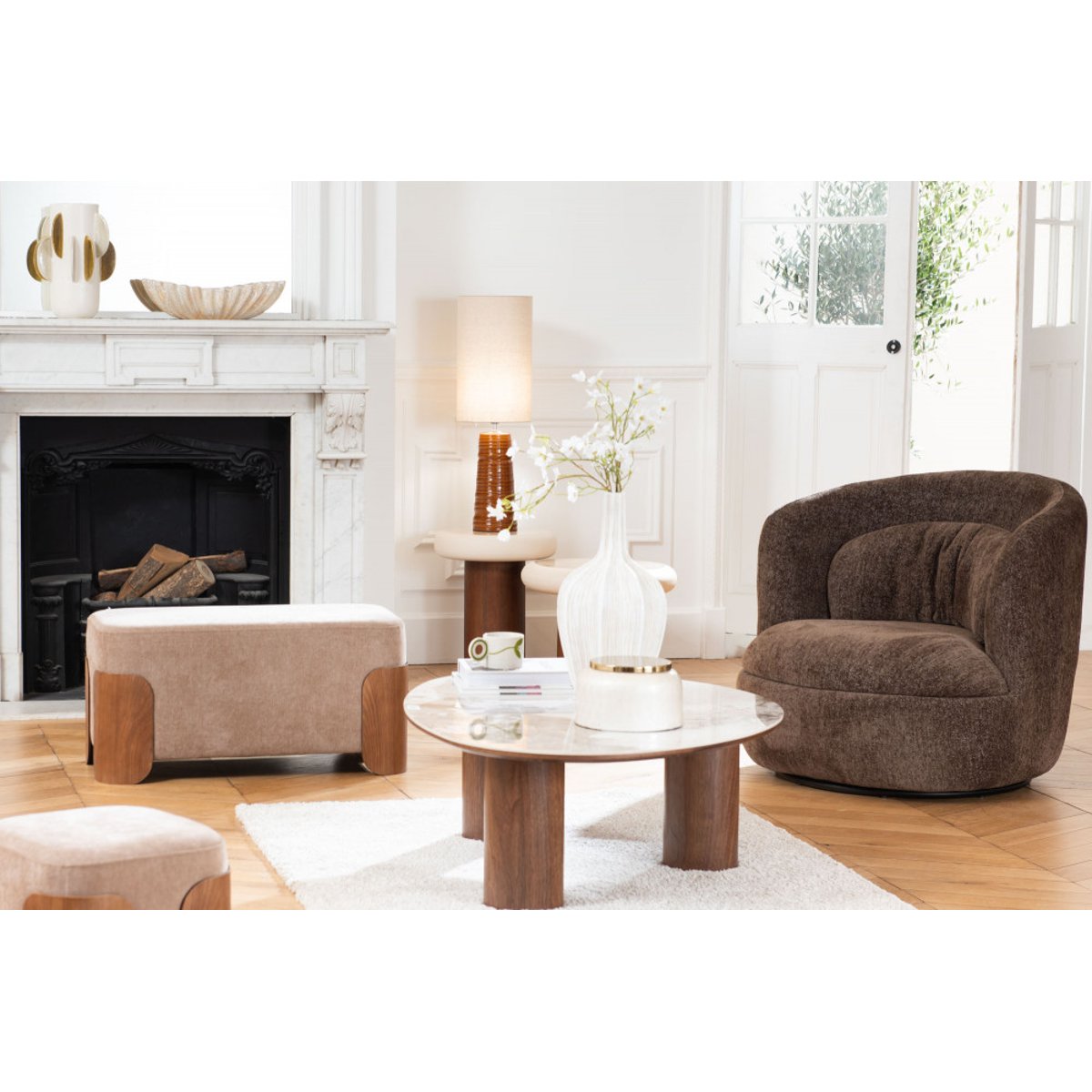 Banc en tissu café et bois L80 cm Aubépine marron, AMADEUS
