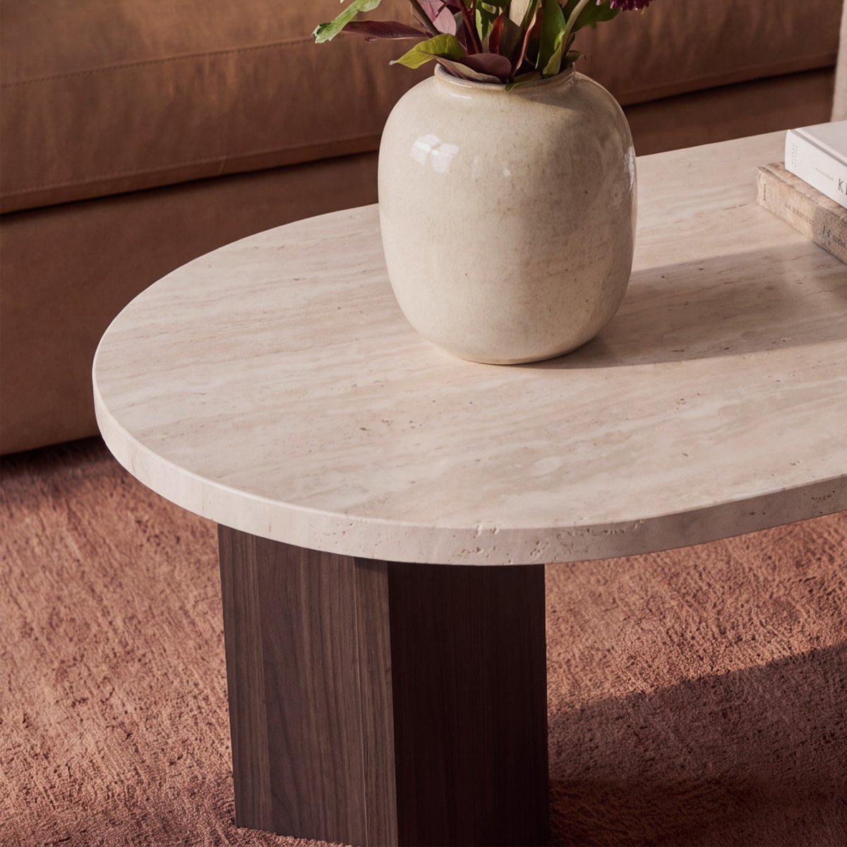 Table basse ovale en bois et effet travertin- CALIAN beige, DRAWER