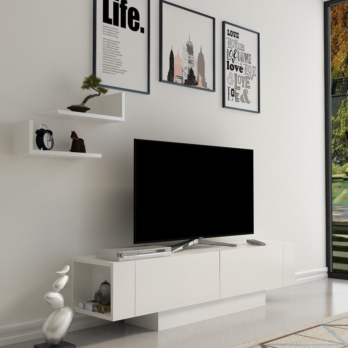 Ensemble meuble TV 2 portes + 2 étagères murales - OTRINE blanc, HOMIFAB