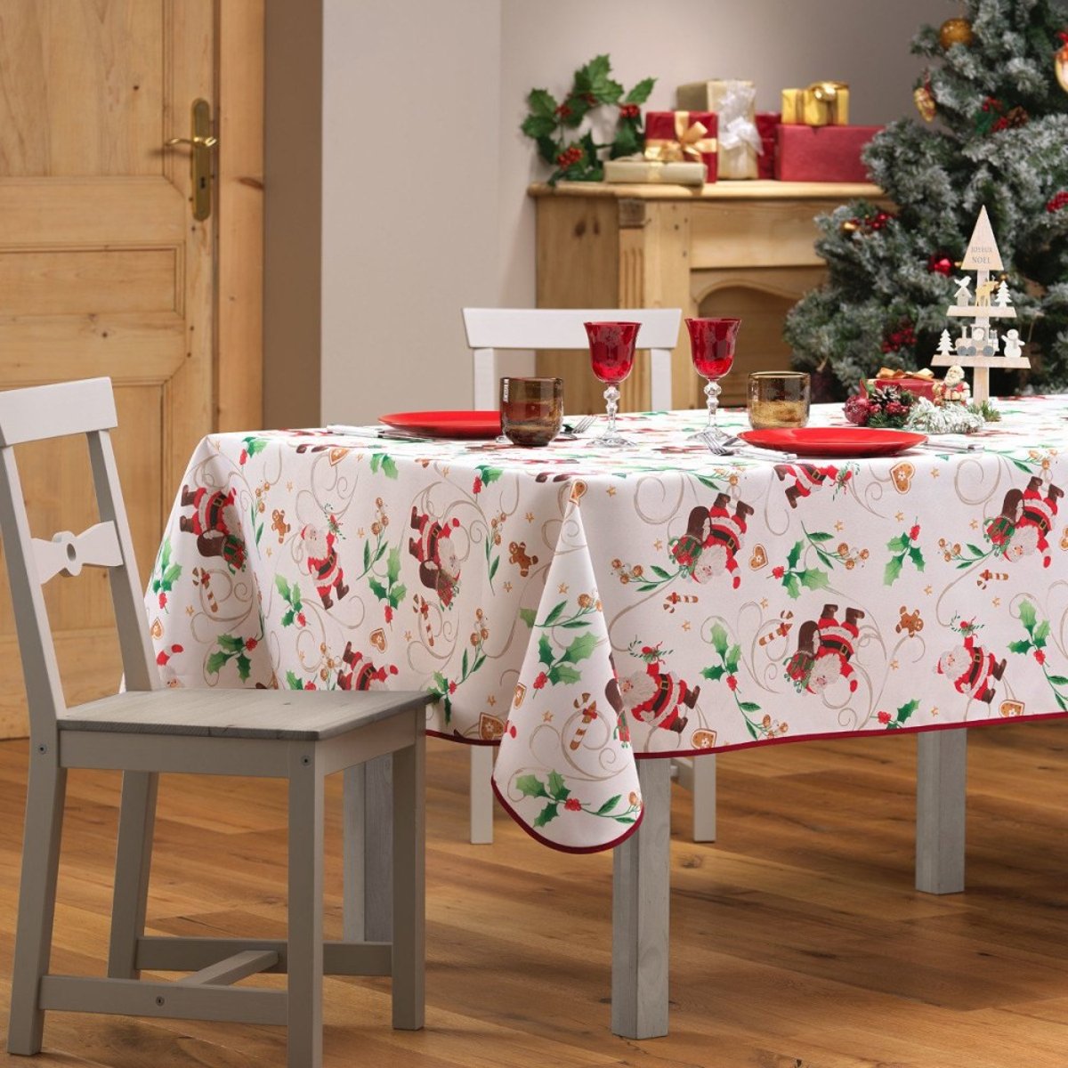 Nappe Rectangulaire Pere Noel 150x240  Coloris Blanc blanc, DECORATIE