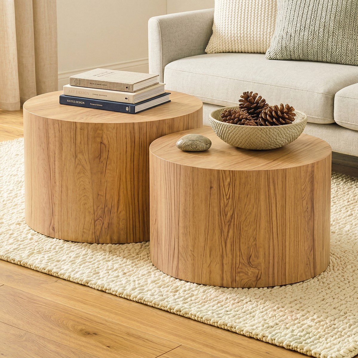 Lot de 2 tables basses rondes empilables - MAIA bois clair, CALICOSY