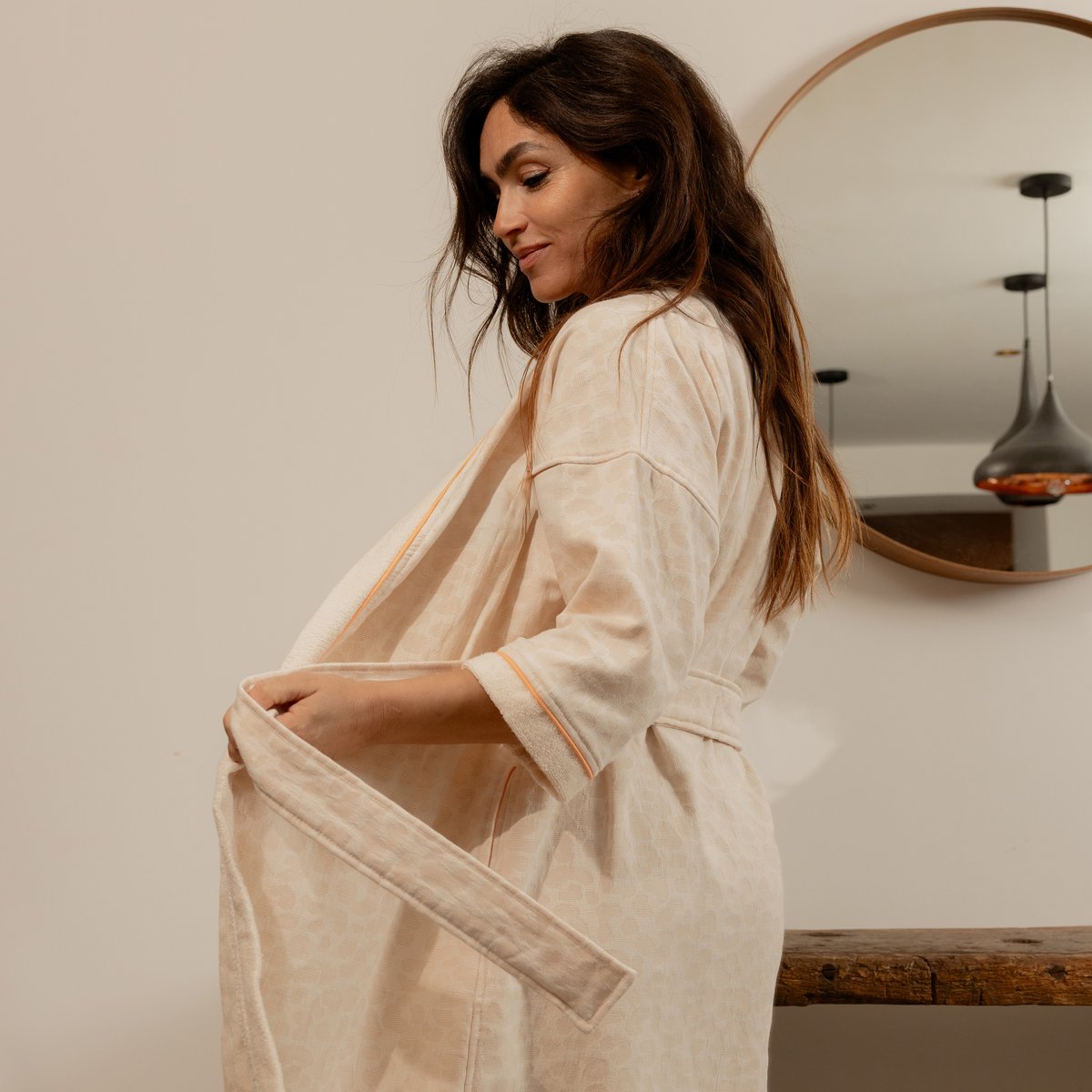 Peignoir coton col kimono LÉONORE ivoire, CARRE BLANC