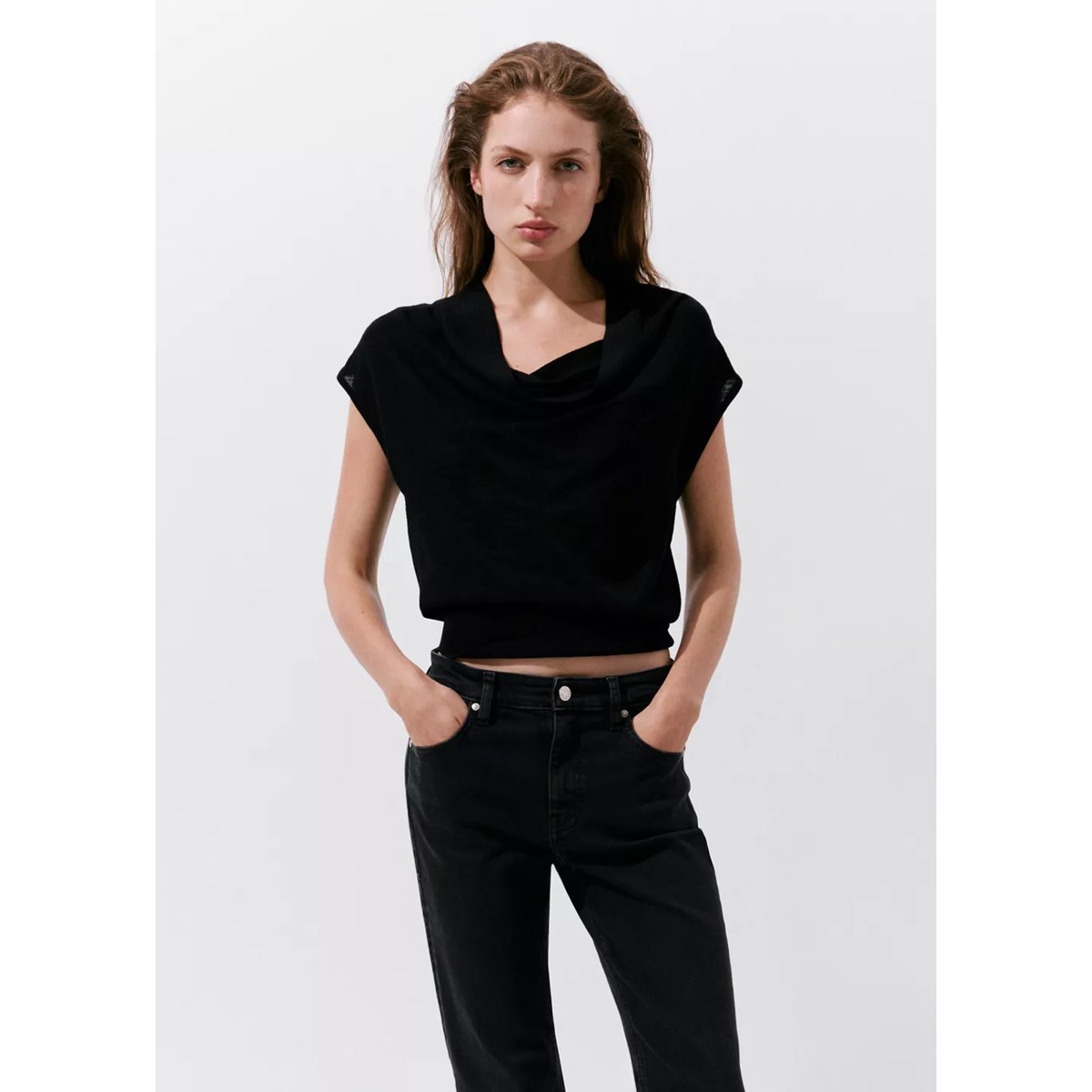Jean Sienna flare crop black denim, MANGO