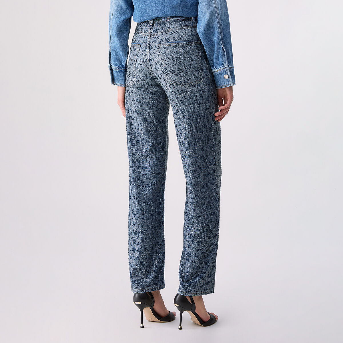 Jean droit avec strass animalier denim bleu, LIU JO