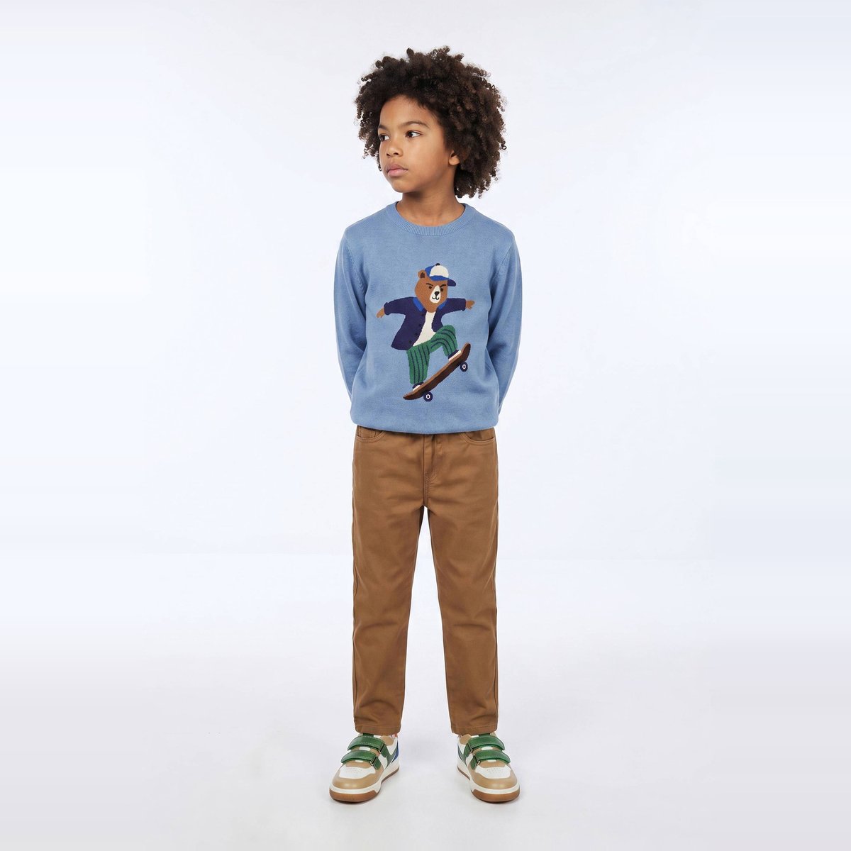 Pantalon droit élastiqué uni en coton gabardine, MONOPRIX