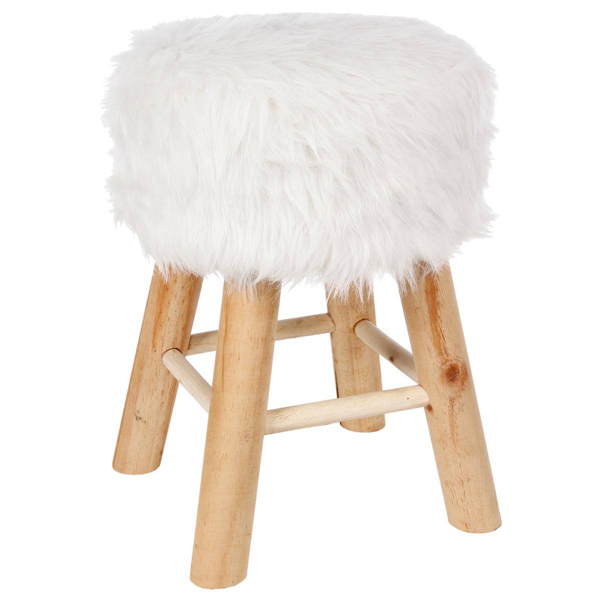 Tabouret en imitation fourrure sur bois de pin OSLO blanc, ATMOSPHERA
