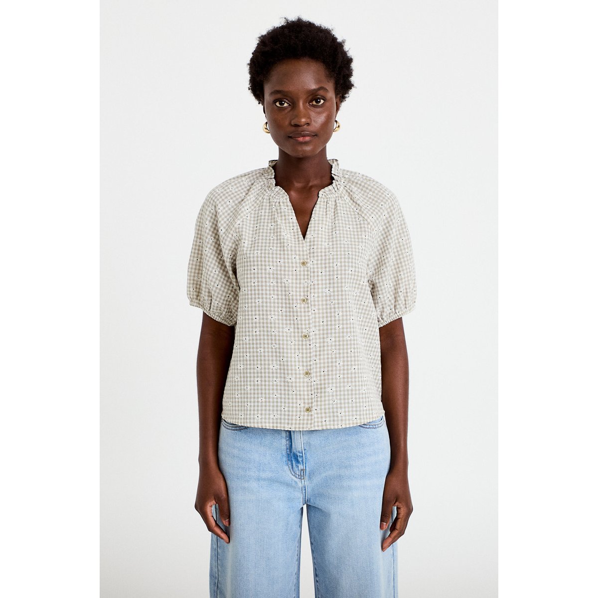 Blouse droite col v manches courtes gris, CACHE CACHE